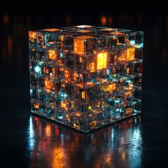 Poster - Illuminated Data Cube: A Glowing Matrix of Interconnected Circuits on a Reflective Surface 