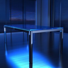 Aufkleber - Modern Chrome and Glass Table in Blue Lit Room, Window Blinds, Contemporary Interior Design