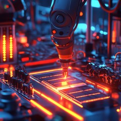 Leinwandbilder - Robotic Arm Precision: Automated Assembly of a High-Tech Circuit Board with Dazzling Light Effects