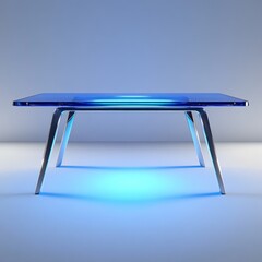 Poster - Sleek Blue Glass Table with Chrome Legs: A Modern Design Statement illuminated with cool neon, simple design for contemporary living spaces.