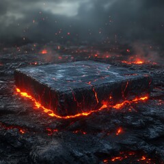 Poster - Volcanic Platform: Erupting Lava Beneath a Solid Stone Surface in a Dark and Fiery Landscape, Promising Apocalyptic Destructive Scenery