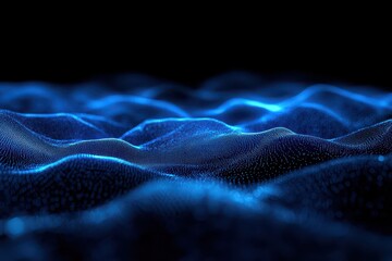 Poster - Dark blue abstract background with dynamic particles creating waves and movement in digital space, Abstract blue rotating background with sunrays and moving particles