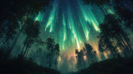 Poster - breathtaking forest scene illuminated by vibrant colors of aurora borealis, with tall trees silhouetted against starry sky. atmosphere is serene and magical, evoking sense of wonder