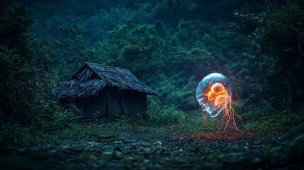 Aufkleber - Mysterious jellyfish encounter in serene forest fantasy art ethereal atmosphere dreamlike perspective