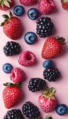 Poster - Fresh strawberries, blueberries, blackberries, and raspberries are beautifully arranged soft pink background, creating vibrant and colorful display of berries that evokes sense of freshness