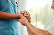 © peopleimages.com - Holding hands, support and nurse with woman for help at assisted living facility for checkup. Happy, medical and healthcare caregiver with senior female patient for comfort, empathy or gratitude.