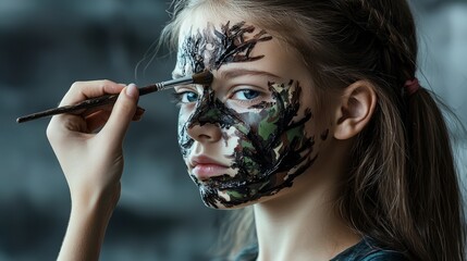 Poster - Artistic face painting in an indoor studio unleashing imagination through close-up portrait photography