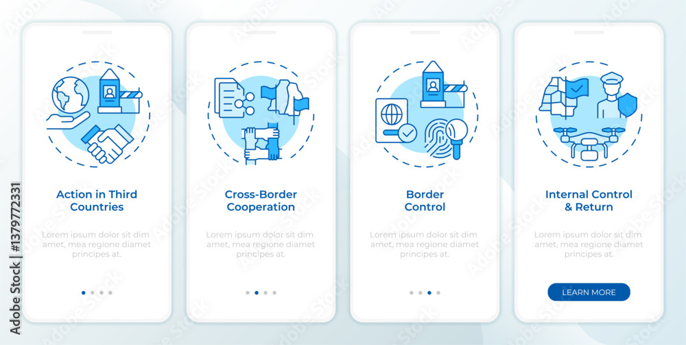 Vector de Stock Four filter model blue onboarding mobile app screen ...