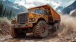 © AnnurulAtiyatun - A large yellow mining truck driving on a dusty mountain road