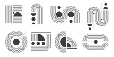 Poster - Abstract geometric arch and circle line shapes set isolated on white background. Vector illustration of minimalist mid century stripes and figures, concentric wave patterns, doodle art elements