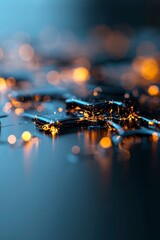 Poster - Circuitry Sparks: An abstract macro shot captures the intricate network of a circuit board illuminated by scattered lights, with an emphasis on technology and innovation.