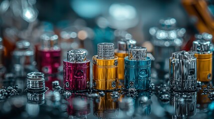 Poster - Colorful metal components arranged on a reflective surface industrial setting macro photography vibrant details