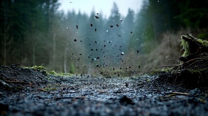 Poster - Mud and rain splashing on ground forest trail nature scene serene environment ground view natural elements