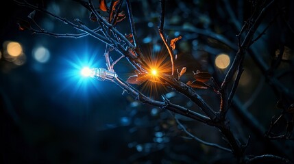 Aufkleber - Illuminated branches in the dark forest night photography nature serene environment close-up perspective