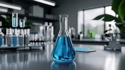 Poster - Scientific experiment with blue liquid laboratory still life modern environment close-up view chemistry exploration