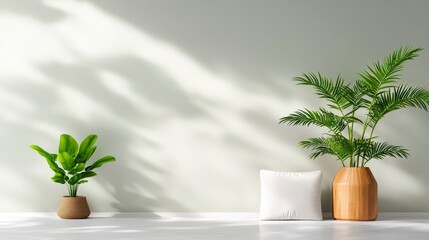 Poster - Nature's Embrace: An inviting home interior featuring lush green plants in decorative pots, soft light casting shadows.