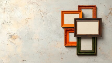 Poster - Frames on the wall: A group of diverse empty photo frames. With varying shapes and sizes, each of the wooden frames, which are orange, brown, and green in color, is positioned on a pastel wall.
