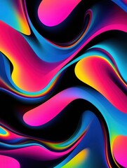 Poster - Colorful abstract waves of bright pink, blue, and yellow blend seamlessly on a dark background creating a stunning visual experience