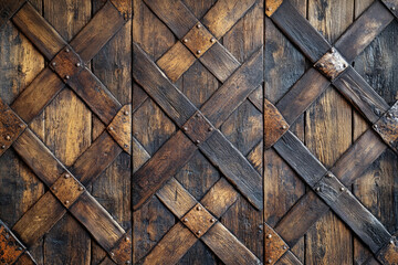 Poster - Antique wooden door with intricate crisscross design and metal accents.