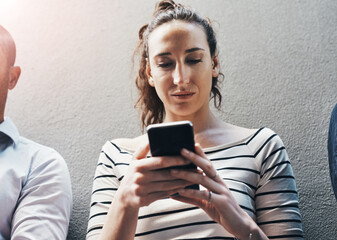 Aufkleber - Creative, search and woman at wall with phone, scroll and tech connectivity with social media. Typing, reading and group of work friends with online chat on mobile app on smartphone at digital agency