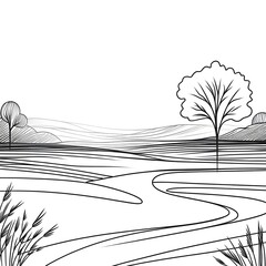 Poster - Abstract landscape with wavy lines and trees in black and white , single line 