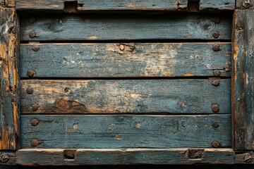 Poster - Weathered blue painted wooden planks with rusty nails, showing age and texture.