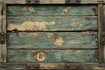 Leinwandbilder - Weathered wooden planks with peeling teal paint, showing age and texture.
