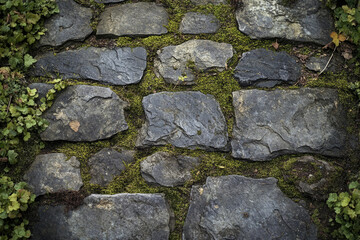 Poster - Moss-covered stone pathway, rustic and natural texture, showing age and time.
