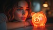 © Fridocha - Young woman looks hopefully at glowing piggy bank symbolizing financial future