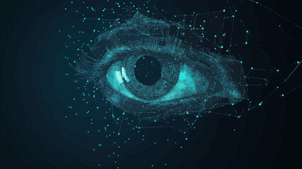 Poster - Futuristic Low Poly Wireframe Eye with Mesh Spheres and Flying Debris in Blue Vector Illustration