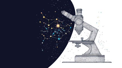 Poster - Cosmic Microscopy: Abstract Line and Point Microscope with Starry Space Background - Vector Education and Science Illustration