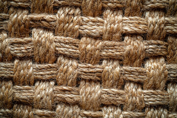 Poster - Close-up of a tightly woven jute fabric showing intricate texture and natural fiber.
