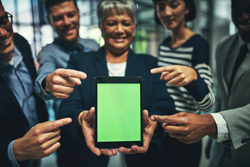 Poster - Business team, tablet and green screen in office with people, pointing and collaboration for app. Digital agency, technology and contact us in workplace for website, announcement and company info