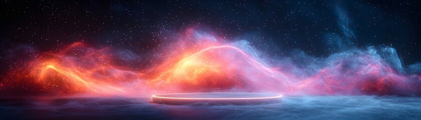 Poster - Levitating podium glowing with abstract light trails in dark space