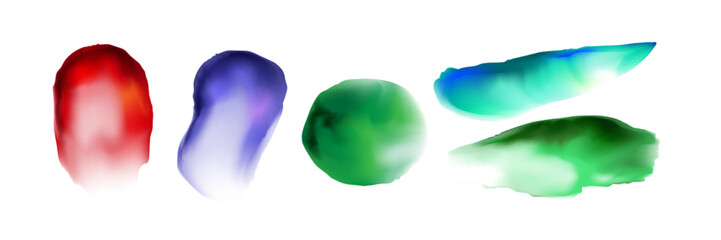 Poster - Watercolour brushstroke shapes. Translucent paint splotches. Colorful abstract artistic watercolor stain elements, flowing liquid ink splashes on white background for creative design projects.