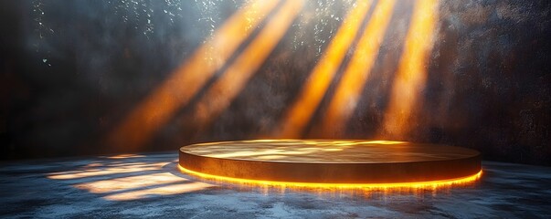 Wall Mural - metallic gold podium in a dramatic dark setting with spotlight effect