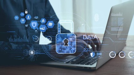 Fototapete - This image illustrates a modern approach to data protection featuring a digital lock symbol alongside a person typing on a laptop, highlighting cybersecurity and privacy emphasis. Qubit