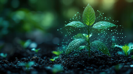 Poster - bright green plant sprouting from earth, surrounded by digital network pattern, symbolizes growth an