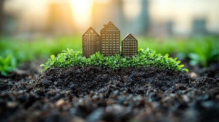 Poster - Miniature buildings on lush green plants symbolize sustainable urban development. scene highlights eco friendly infrastructure amidst vibrant cityscape backdrop