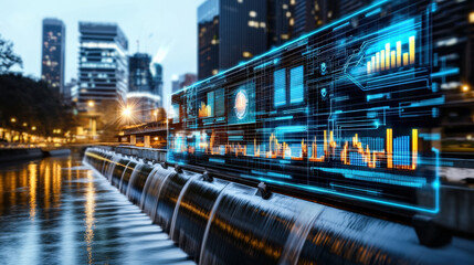 Leinwandbilder - futuristic hydroelectric facility at night with illuminated digital displays showcasing data analytics, set against cityscape background. scene is vibrant and technologically advanced