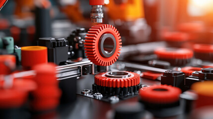 Leinwandbilder - robotic arm precisely assembles red gears in advanced manufacturing setting, showcasing automation and technology. scene is vibrant with focus on industrial efficiency