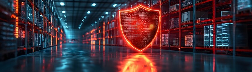 Poster - Glowing warehouse covered by a holographic security shield