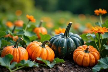 pumpkins and gourds in a patch with vines and flowers, nature, gourd