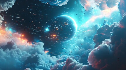 Wall Mural - A dreamy view of a planet with city lights seen through fluffy clouds and glowing streaks of light