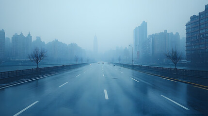 Wall Mural - Empty asphalt road with a city skyline background, a cinematic urban scene perfect for transportation, cityscape photography, and futuristic concepts.
