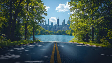Wall Mural - Empty asphalt road with a city skyline background, a cinematic urban scene perfect for transportation, cityscape photography, and futuristic concepts.

