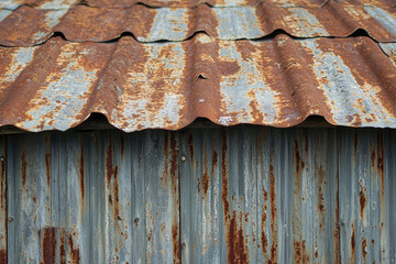 Poster - Rustic corrugated metal roof and wall showing significant rust and weathering.