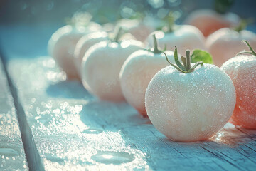 Poster - Dew-kissed white tomatoes arranged on a rustic wooden surface, bathed in sunlight.