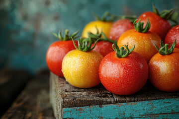 Poster - Juicy red and yellow tomatoes, glistening with water droplets, rest in a rustic wooden crate.