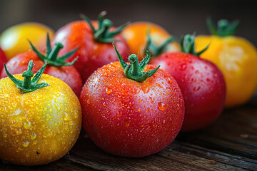 Poster - Close-up of fresh, ripe red and yellow tomatoes with water droplets, on a wooden surface.